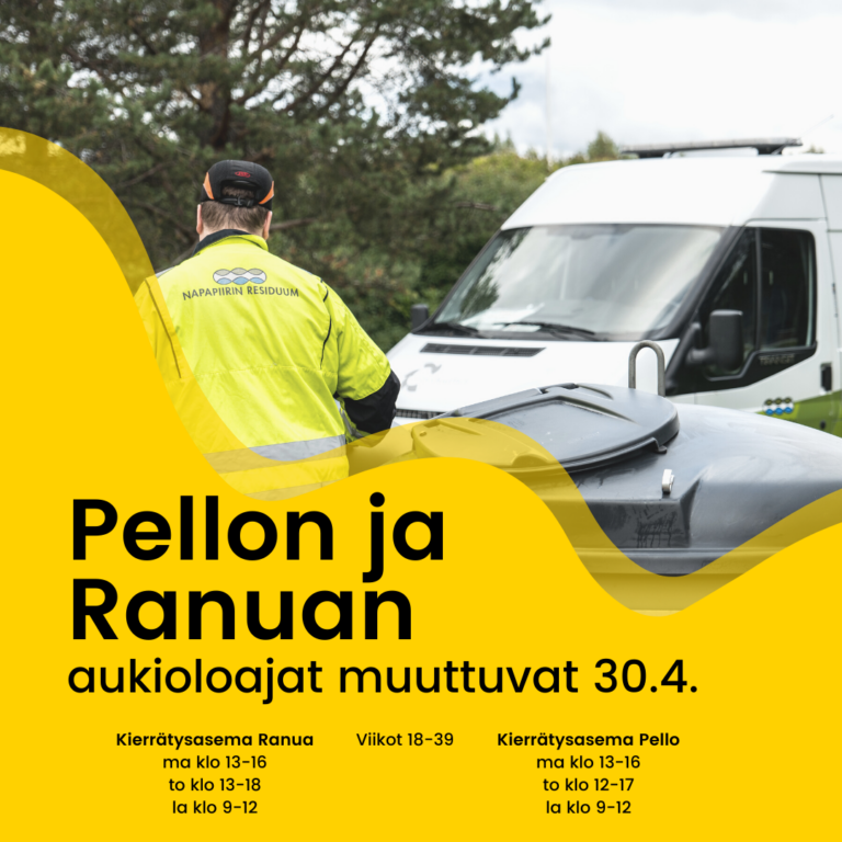 Kuvassa jätehuoltotyöntekijä ja muuttuneet aukioloajat.